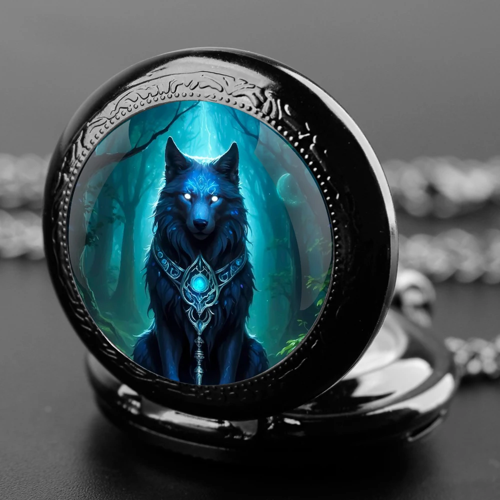 Exquisite Sacred Beast Wolf Glass Dome Quartz Pocket Watch Necklace Pendant Gifts For Women Man with Fob Chain