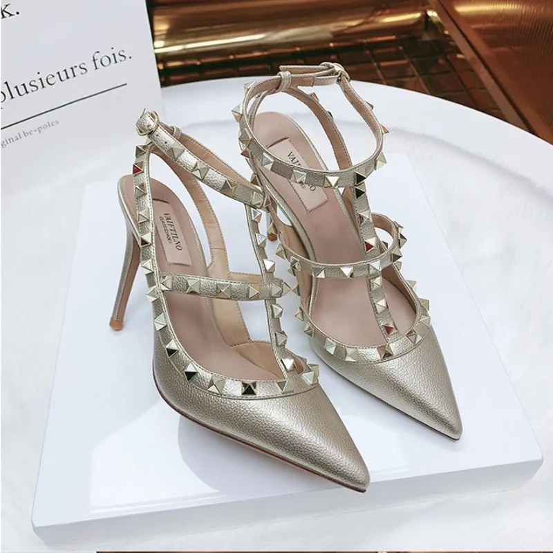 Summer Luxury Women\'s Gladiator Pointed Sandals Leather Matte Roman Fashion Metal Rivet Pumps Party Versatile Women\'s High Heels