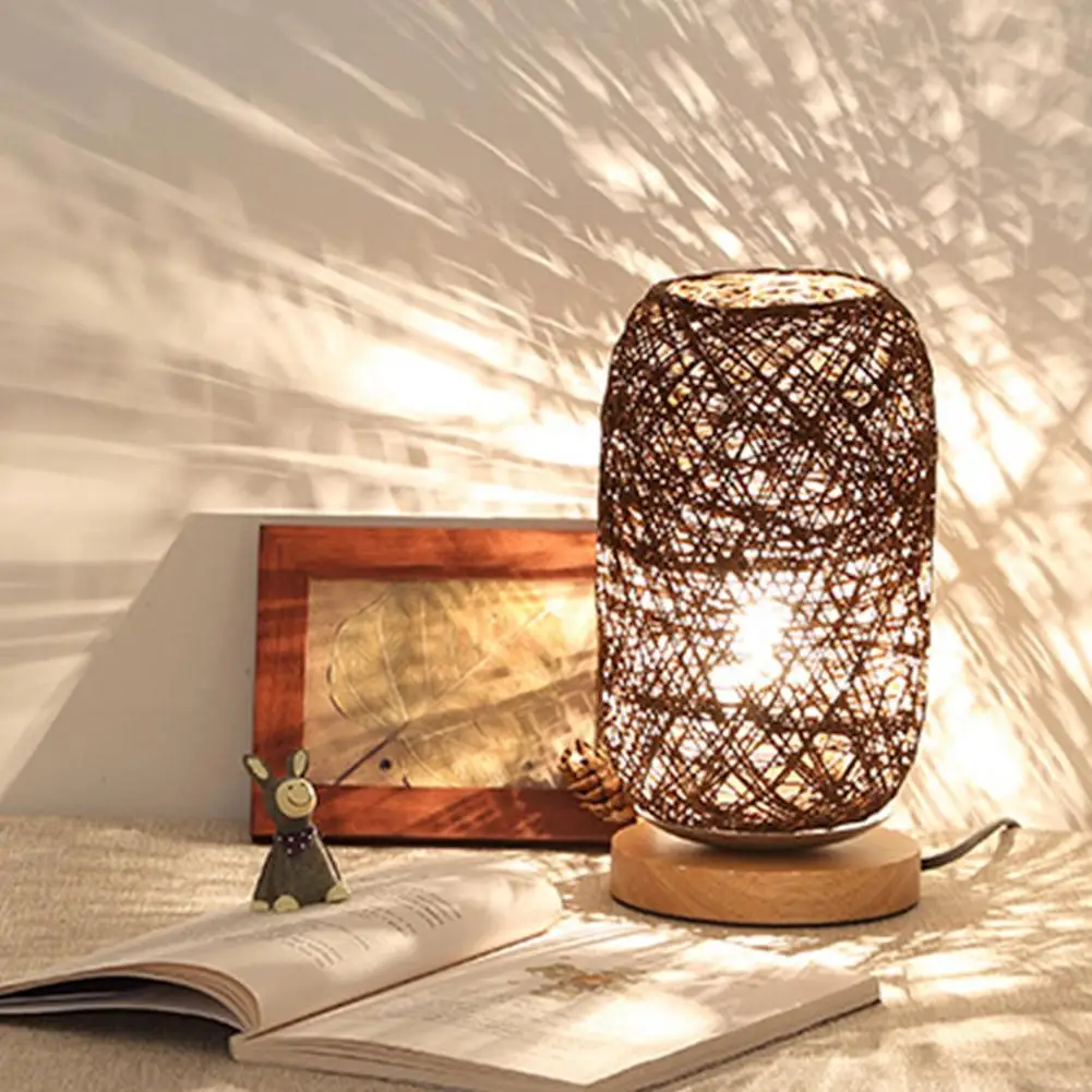 Nuovo Design unico di alta qualità in legno Rattan spago palla luci lampada da tavolo scrivania luce ombreggiatura stanza decorazione di arte della casa luce completa