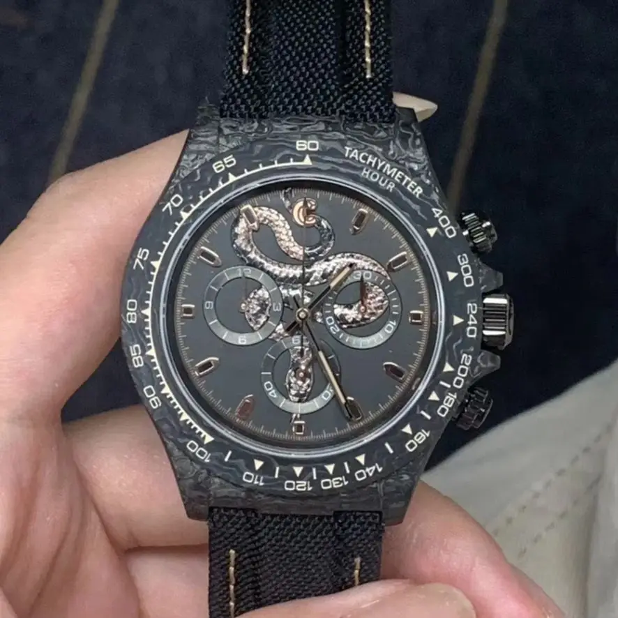 CRONUSART Men Chronograph Watch 40mm Automatic Mechanical Wristwatch Carbon Fiber Sapphire Mirror Waterproof Luminous Snake Dial
