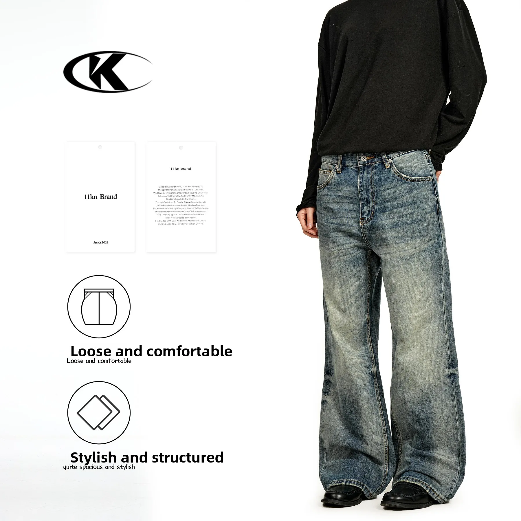 

American Retro Jeans Men Women Waed Blue A-Line Straight Leg Slim Long Pants Casual Cotton Youth Zipper Fly Jeans