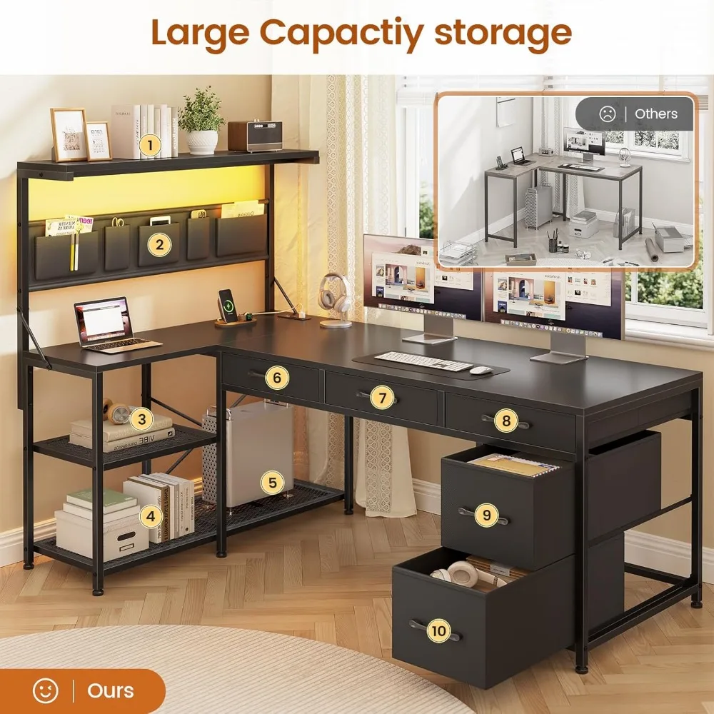 L Shaped Gaming Desk with 5 Drawers and Storage Shelves, Reversible Computer Desk with Bookshelf for Home Office