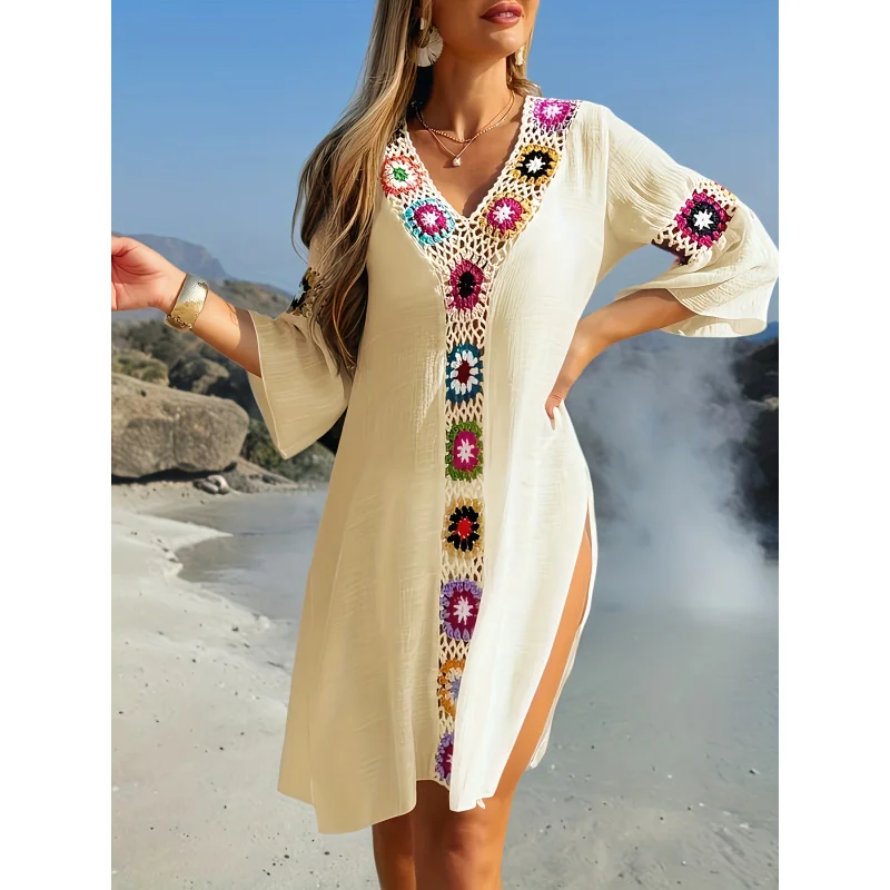 

【Senman Orientation】Женская одежда в пляжном стиле для отдыха, с ручной вязкой крючком и элементами пэчворка, легкая и элегантная, повседневная и модная, для женщин.