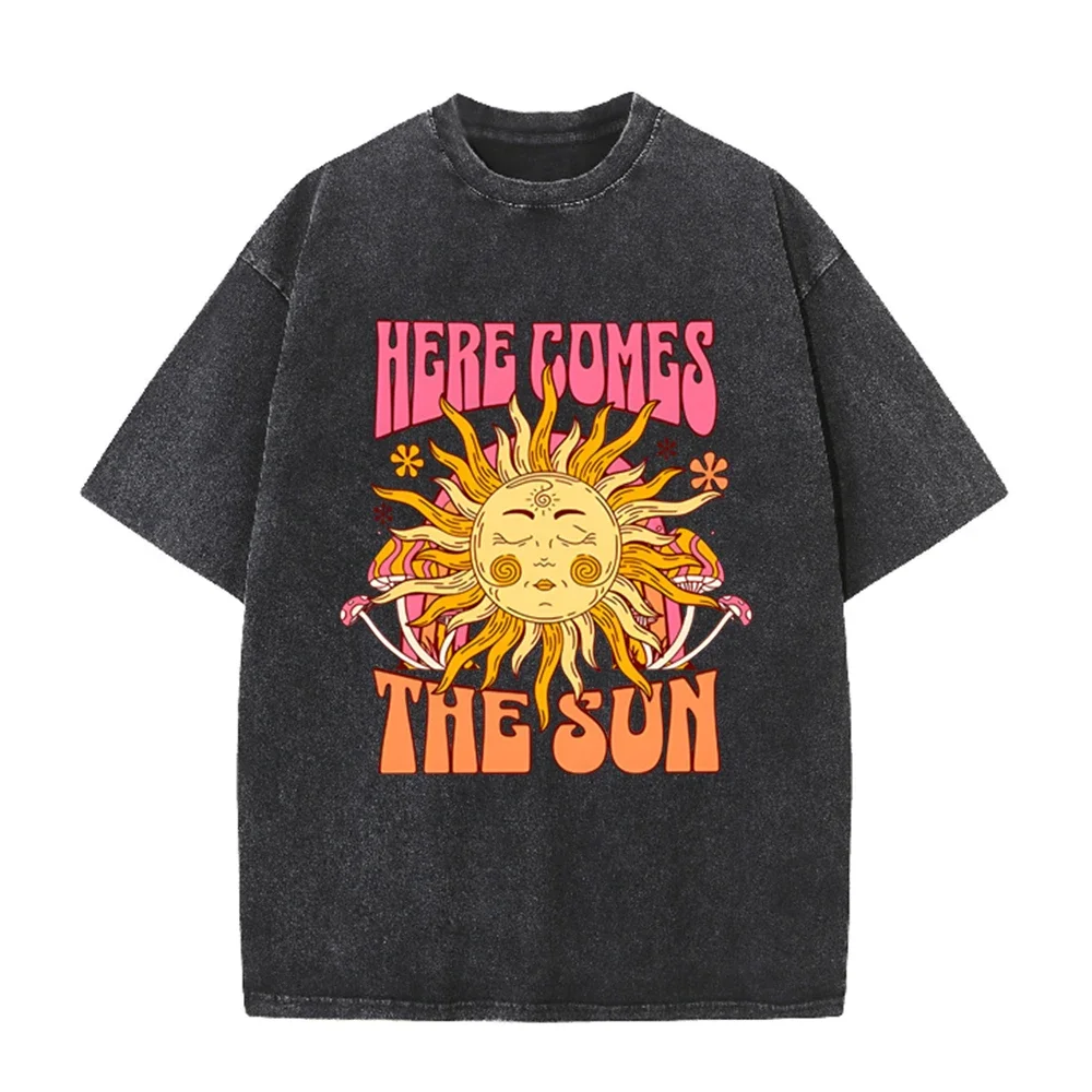 2026 Women Oversized Washed Cotton T Shirt Here Comes The Sun Print O Neck Short Sleeve Loose Casual Streetwear Summer Tops