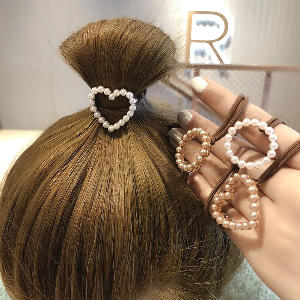 

Fashion Pearl Hair Ropes Sweet Heart-shaped Elastic Hair Band Women Girls Scrunchies Hair Ties Ponytail Holders Hair Accessories