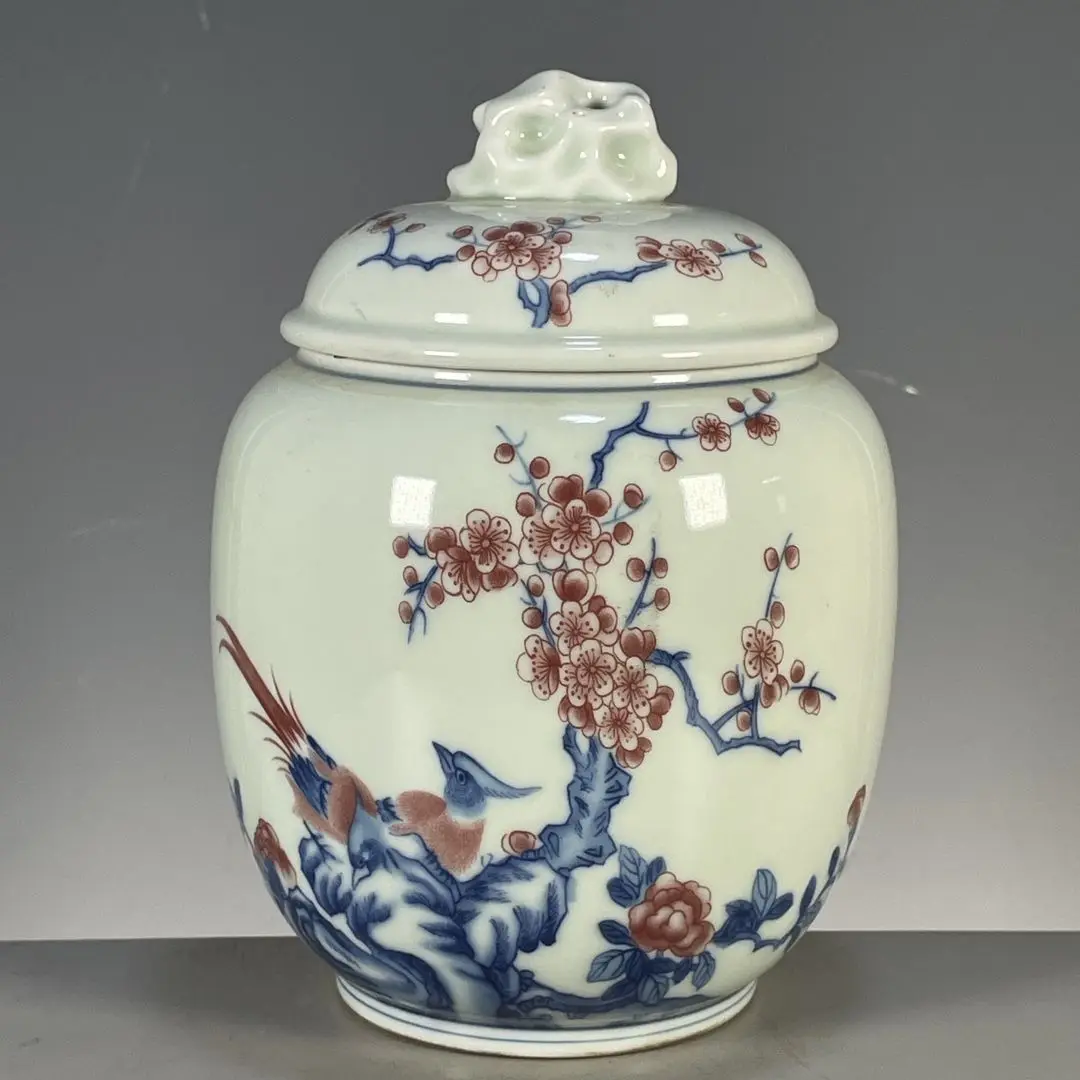 

Wenwan Porcelain Tea Canister, Imitation Qianlong Mark Underglaze Blue & Red Magpie On Plum Blossom Covered Jar Antique Decor