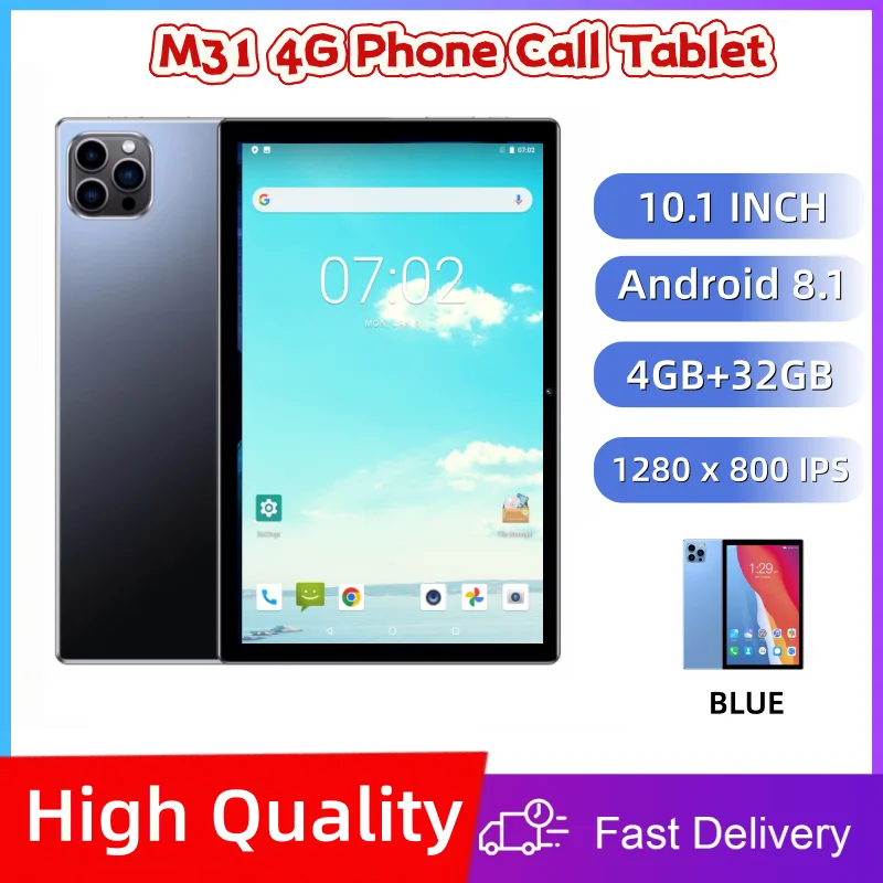 M31 4G Phone Call 10.1" Android 8.1 MT6750 Quad-Core 4GB RAM 32GB ROM 1280 x 800 IPS Dual Camera Type-C 2*Sim Cards