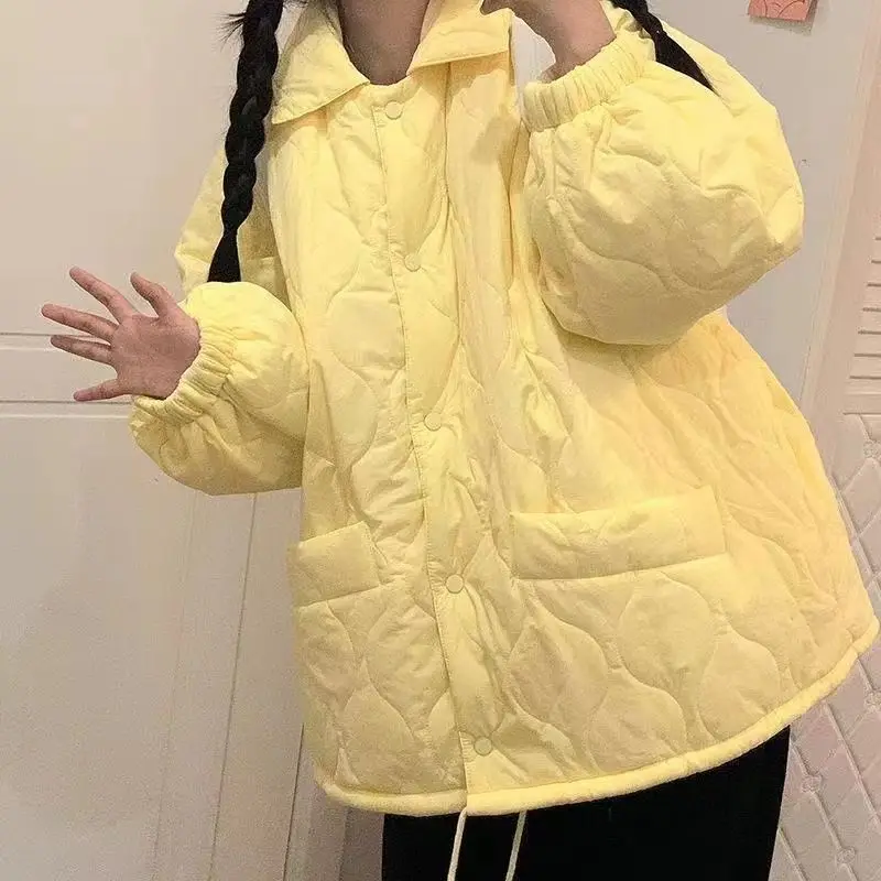 

Winter New Sle Korean Version Student Women's Long Jaet Soft Cute Pure Color Diamond Pattern Cotton Coat for Ladies