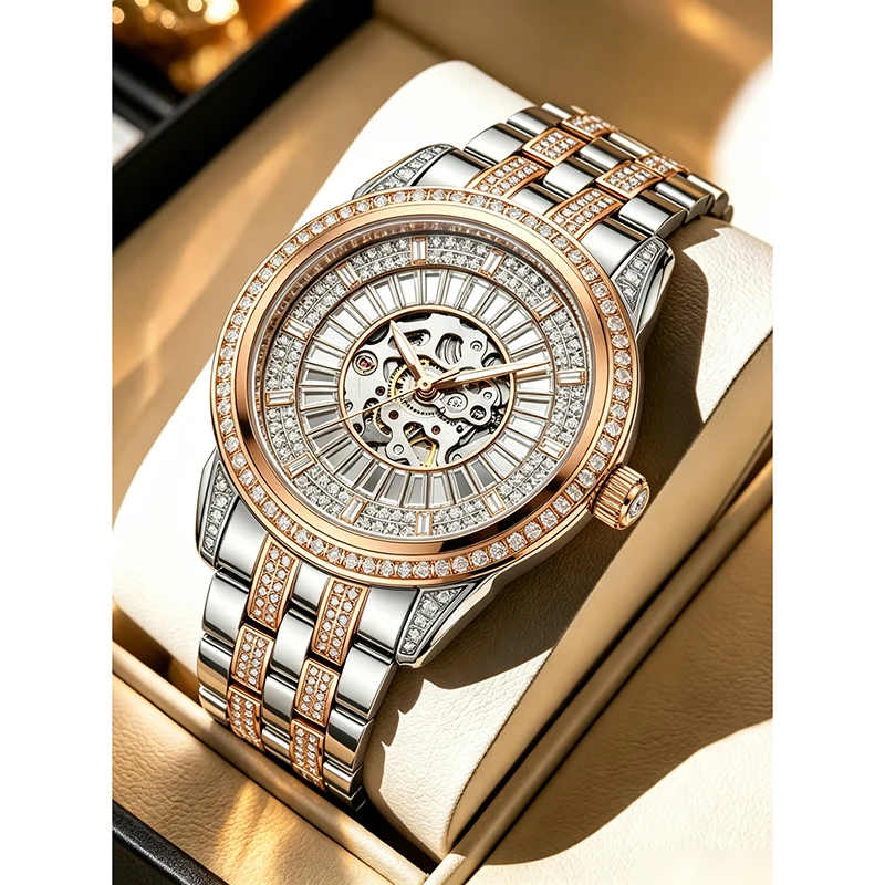 Women 925 Silver Plated Copper Automatic Mechanical Watch Skeleton Diamond Inlaid Two Tone Wristwatch For Ladies Luxury Jewelry