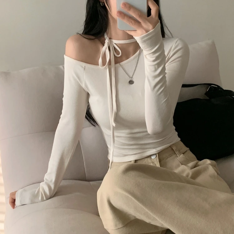 Autumn Long Sleeve T-Shirt with Strap Slim Fit Bore Clavicle Ladies Fashion Top Universal Fit Daily Style Other Material