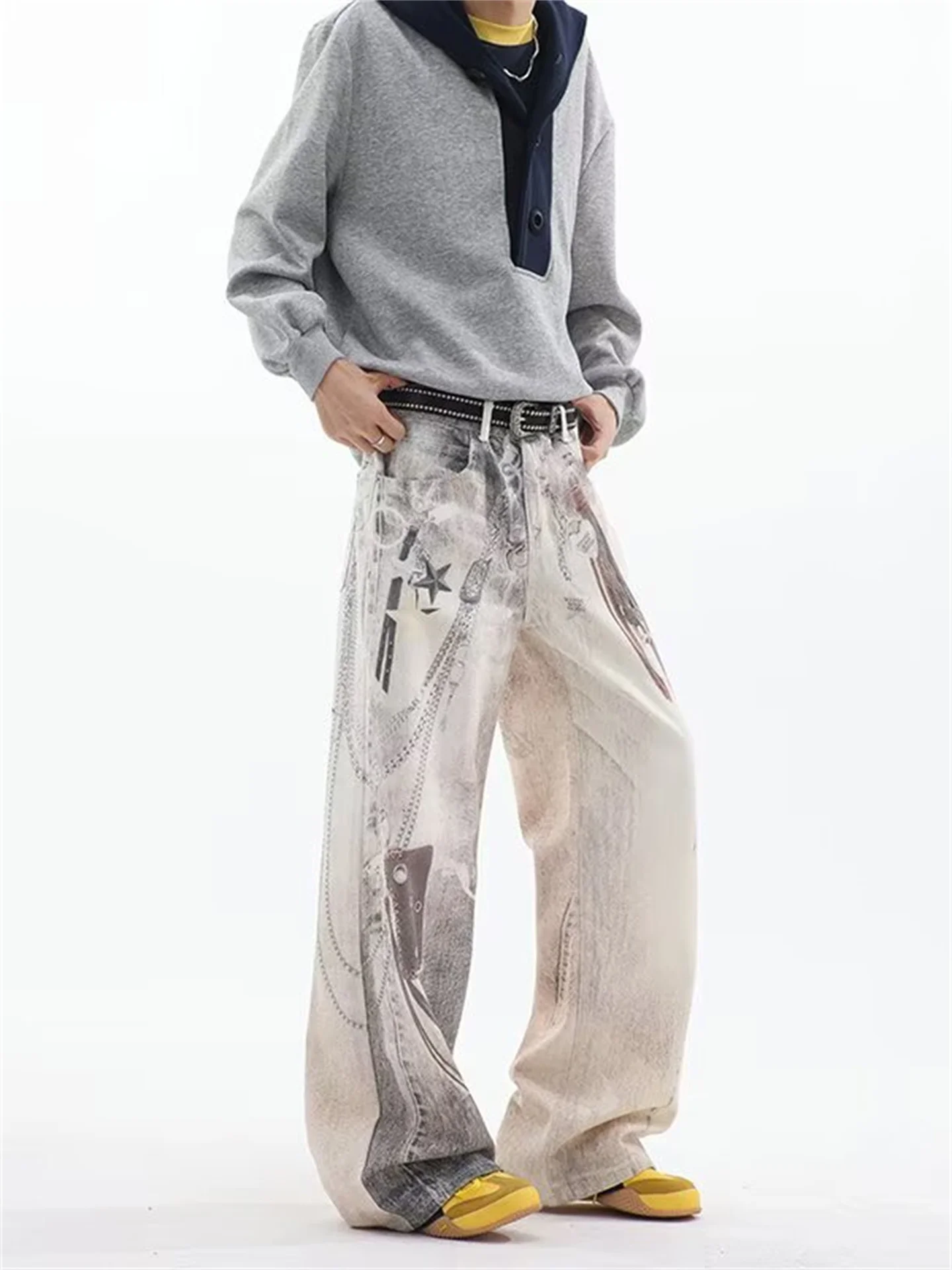 

American Retro Chain Print Wide Leg Men's Jeans Casual Waed out High Street Cool Loose Fit Straight Tube Jeans