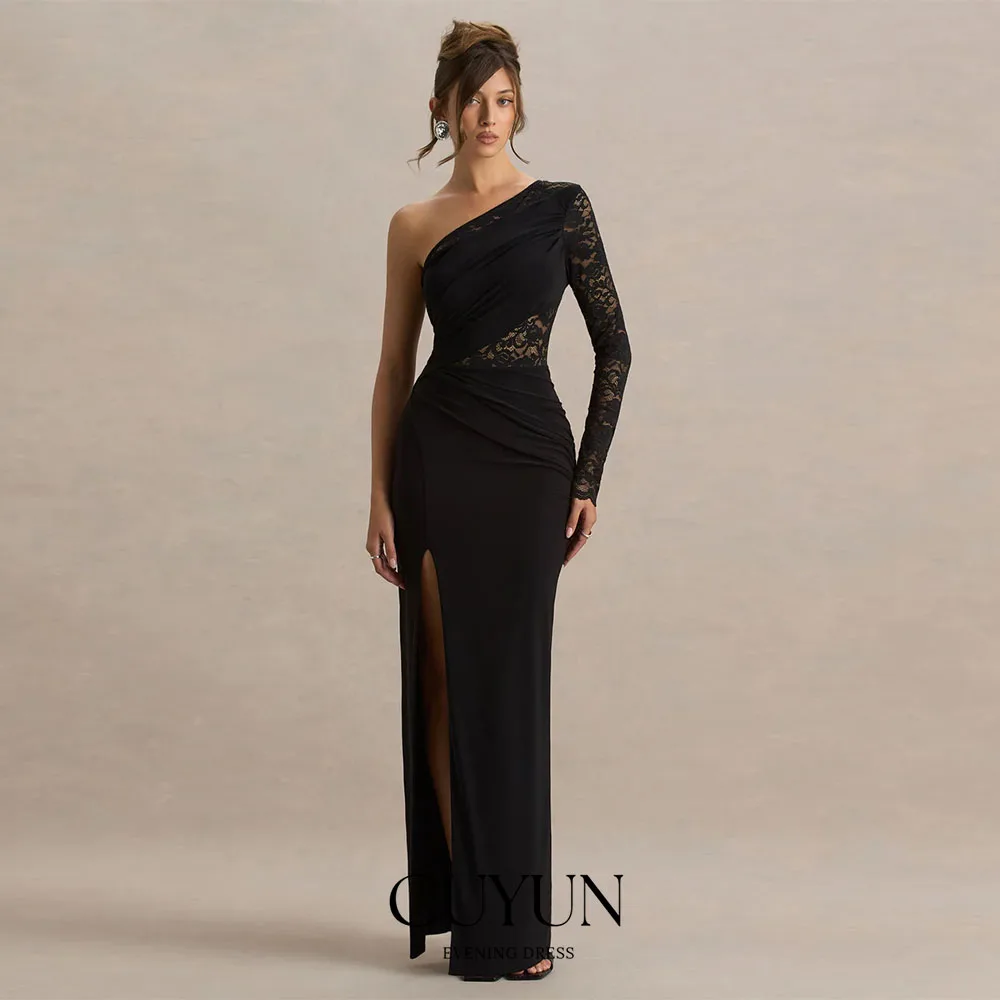CUYUN 맞춤형 원숄더 레이스 긴 소매 이브닝 디너 드레스 슬릿 섹시 우아한 웨딩 파티 드레스 게스트용