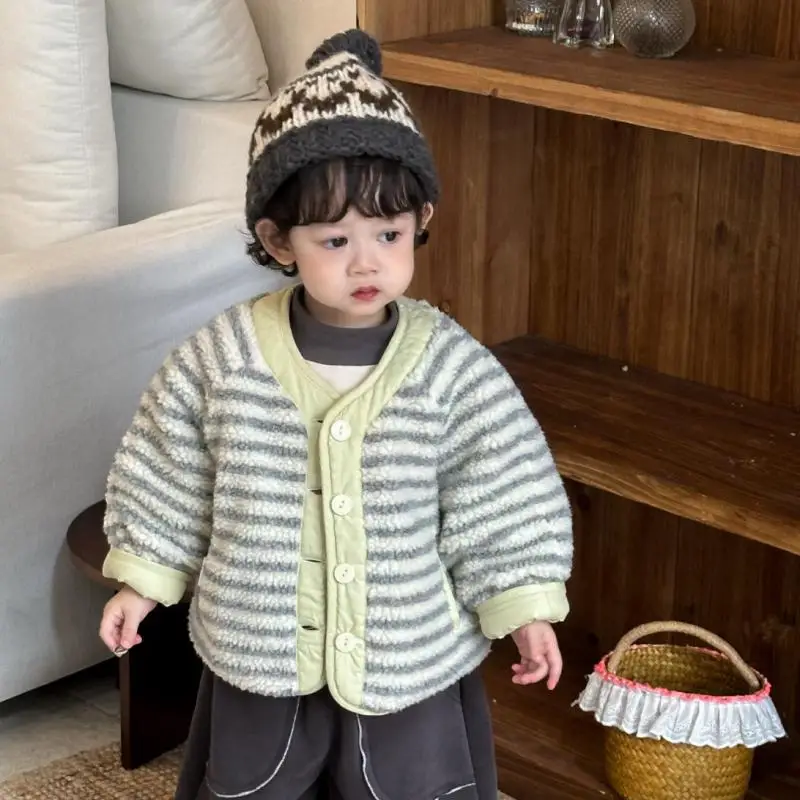 

2025 Winter New Children Long Sleeve Coat Plus Velvet Thick Boys Casual Jacket Baby Clothes Infant Girl Warm Striped Coat