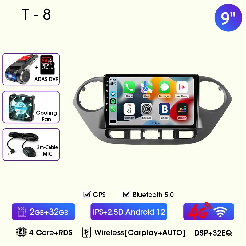 9 "Autoradio Voor Hyundai Grand I10 I 10 2013 2014 2015 2016 2017 2018 Android12 Carplay Auto Multimidia Videospeler Head Unit