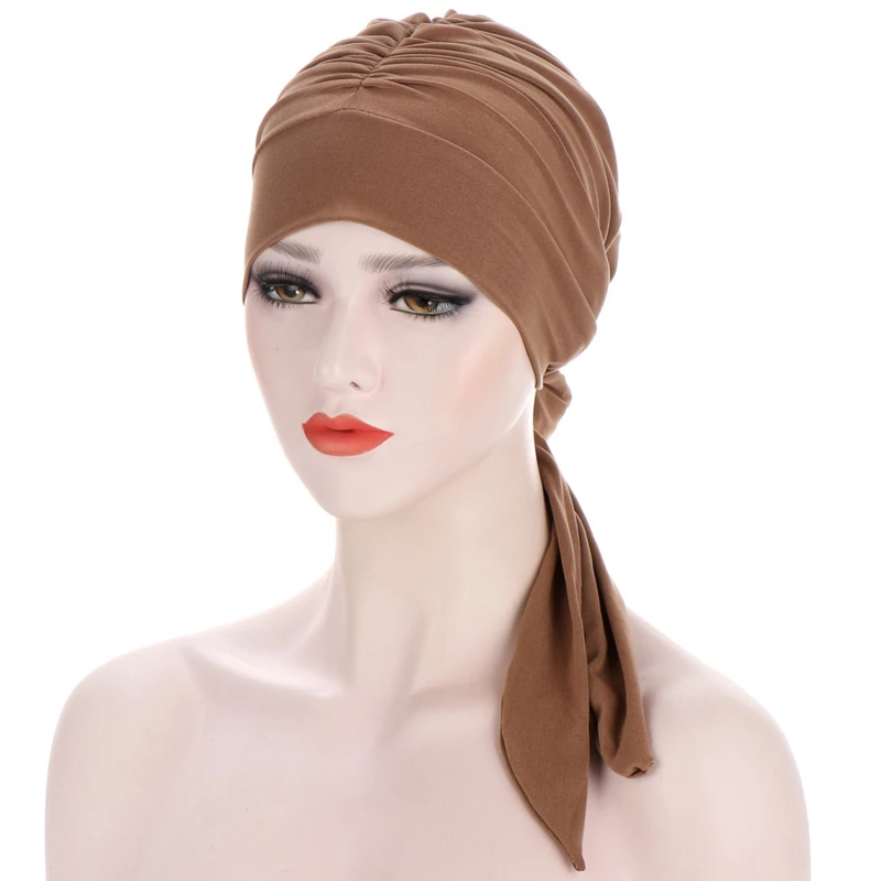 Muslim Women Stretch Solid Wrinkle Turban Hat Cancer Chemo Beanies Caps Pre-Tied Scarf Headwear Headwrap Plated Hair Accessories