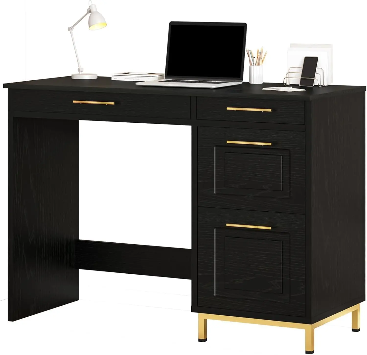 

！@Combohome Black Desk with Drawers Home Office Wood Desk with Drawers, Golden Handle for Bedroom