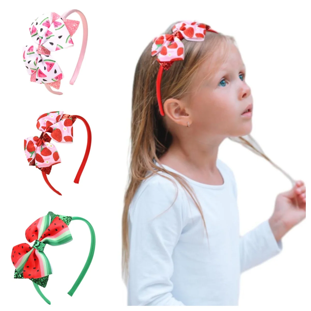 Diadema con patrón de fresa de sandía con tema de fruta linda, accesorios para el cabello de fiesta, Regalos perfectos para niñas, 1 pieza