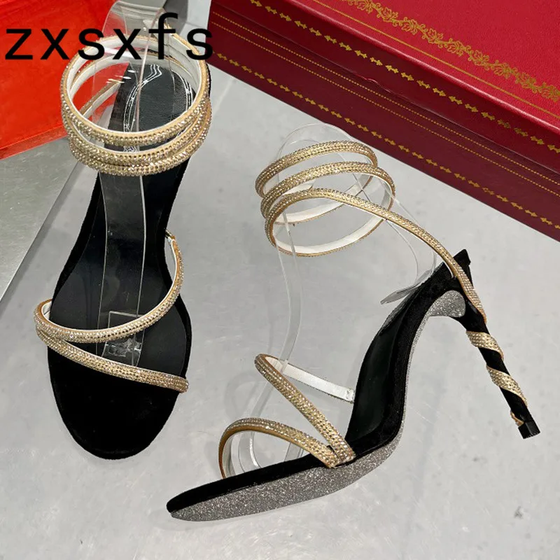 

2022 Summer Leather Crystal Thin High Heels Sandals Women Slip On Open Toe Snake Circle Around Heels Pumps Sexy Party Dress Shoe