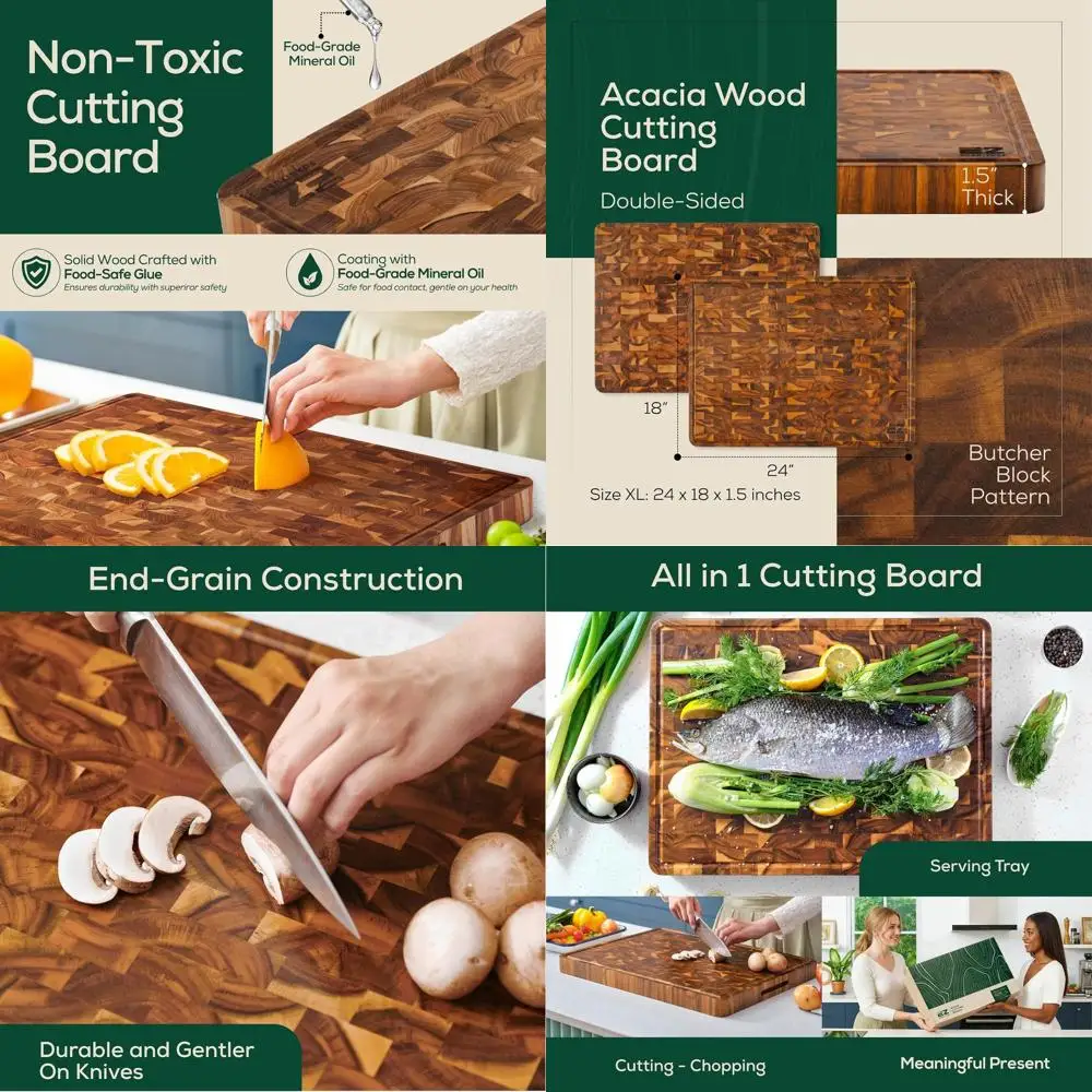 

Luxury Christmas Kitchen Gift: End Grain Wood Cutting Board with Juice Groove & Handles, XL Size, Knife-Friendly for Chopping