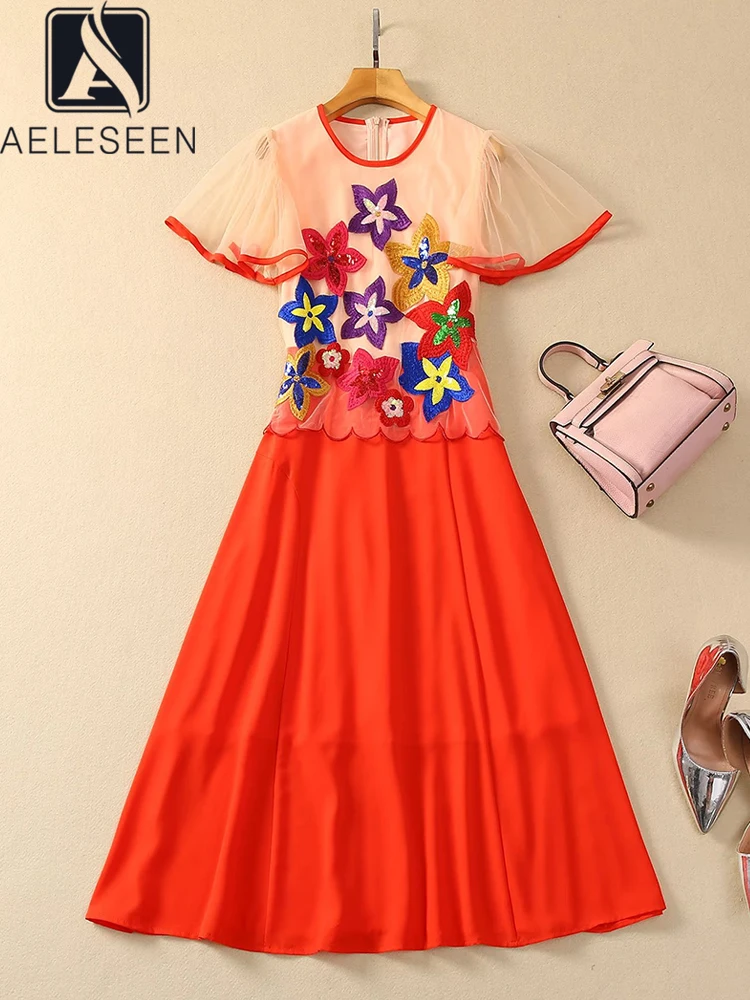 

AELESEEN Runway Fashion Summer Dress Women Puff Sleeve Red Yellow Flower Patch Designs Sequined Ruffles Knee-length Party