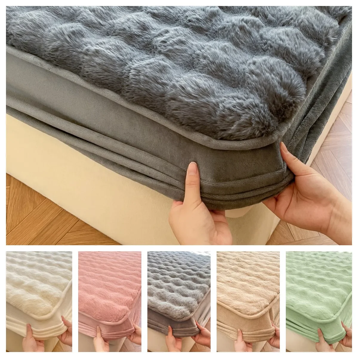 

Fluffy Plush Fitted Bed Sheet Solid Color Long Hair Fleece Bed Cover For Double Bed fundas de colchón Winter Warm Mattress Cover