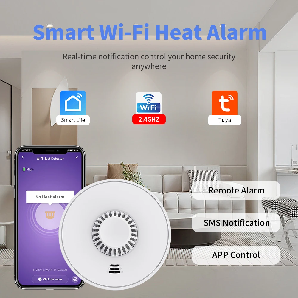 Detector de calor inteligente Wi-Fi com controle de aplicativo Tuya, alarme de calor inteligente Tuya com bateria de lítio selada de 10 anos, BS 5446-2, VH01W