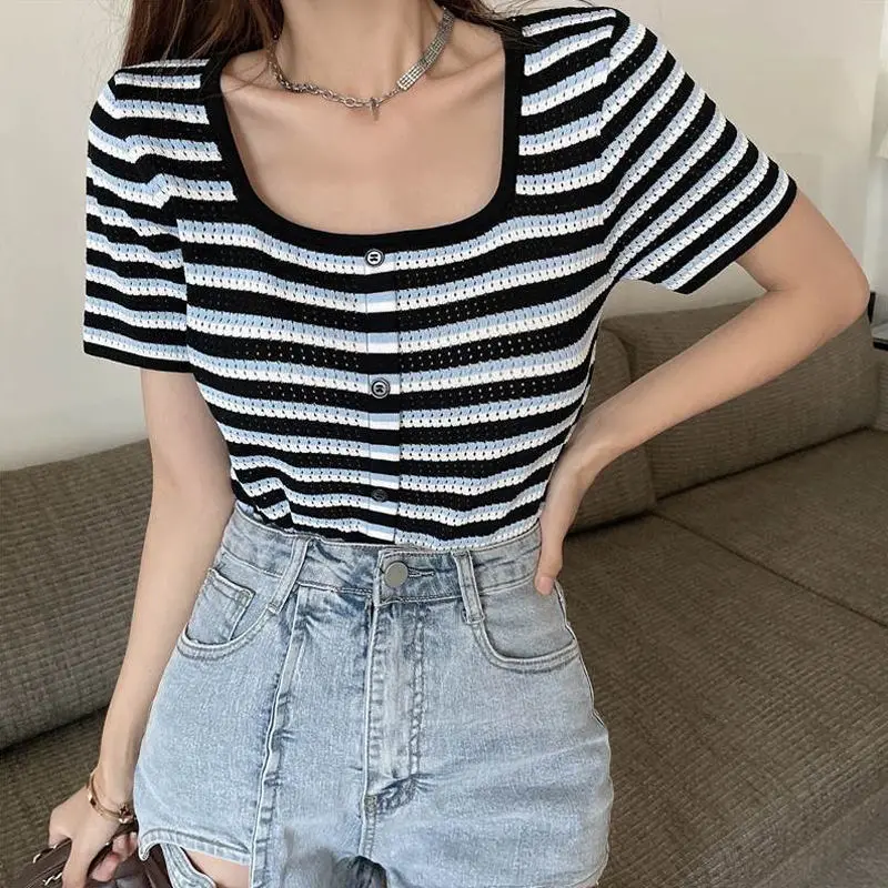 

Casual Large Size Women Summer Korean Square Neck Stripe Knitting Loose Short Sleeve Elastic Force Office Lady Short T-shirt