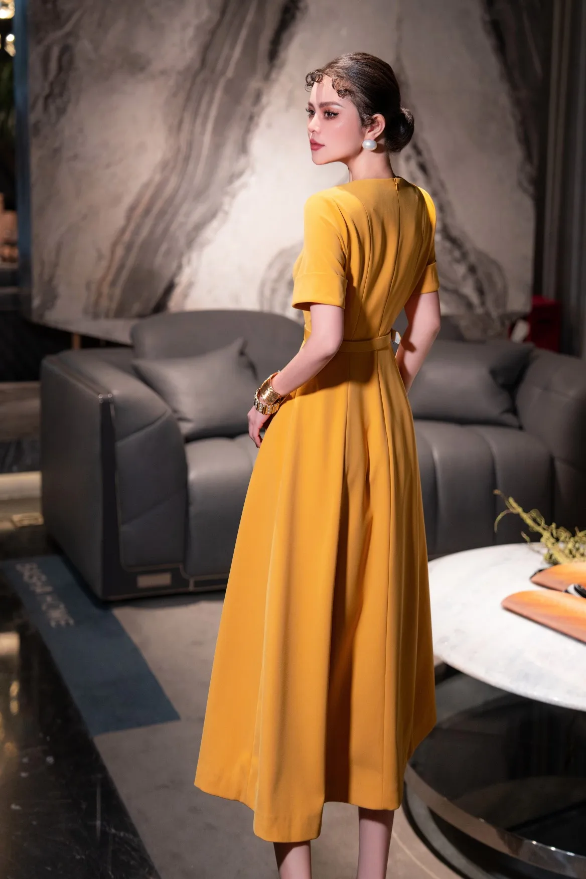 ZJYT Summer Fashion Single Breasted Womens Dresses 2025 Runway Designer Short Sleeve Elegant Casual Party Dress Yellow Vestidos