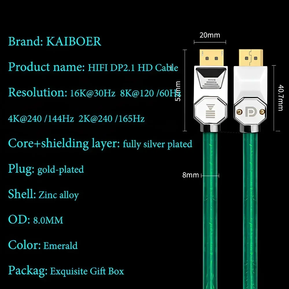 Kaiboer Displayport Kabel 2.1 Posrebrzany przewód DP 2.1 Karta graficzna 240 Hz Wyświetlacz 165 Hz Przewód HD Komputerowy kabel do transmisji danych