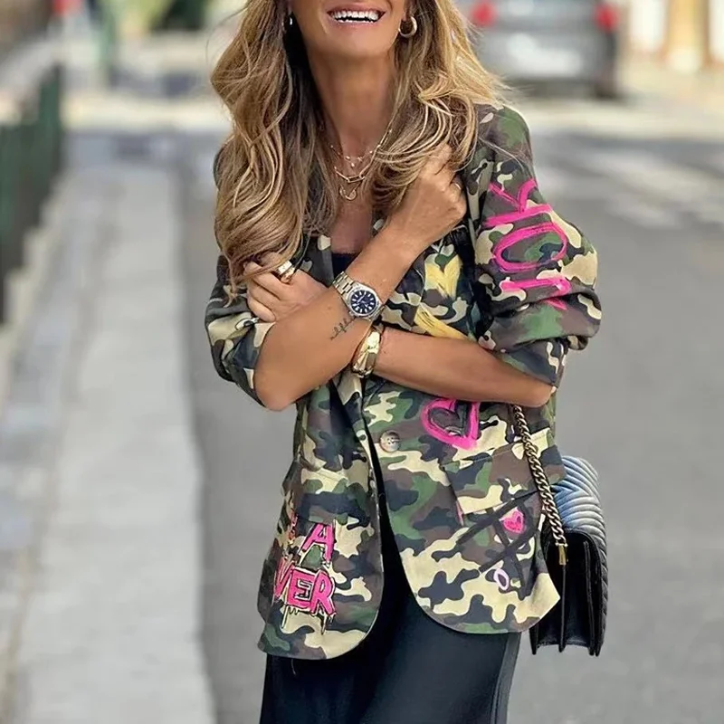 Dames Retro Camouflage Singles Breasted Commuter Jacket Elegant Casual Bloemenprint Lange mouwen Jassen Tops Herfst Uitloper