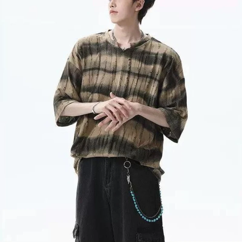Oversize Drapey Ice Silk Cool Touch Wavy Stripes Distressed Holes High Street Edgy Cool T-Shirt​