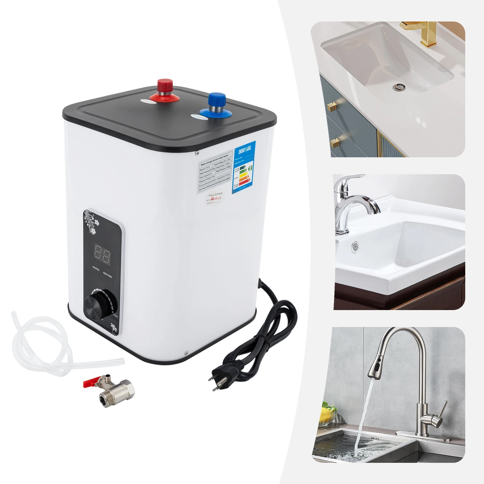 

8L White Electric Mini Tank Water Heater,Rectangle Instant ABS Hot Water Heater Top Discharge 24*24*35cm for Kitchens,Cabinets