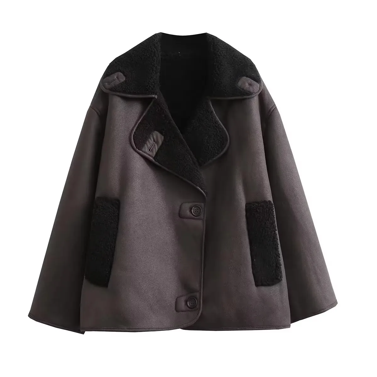 

Female Vintage Oversized Outerwear Faux Leather Jackets For Women Winter Warm Fleece Long Sleeve Lapel Coat Fashion