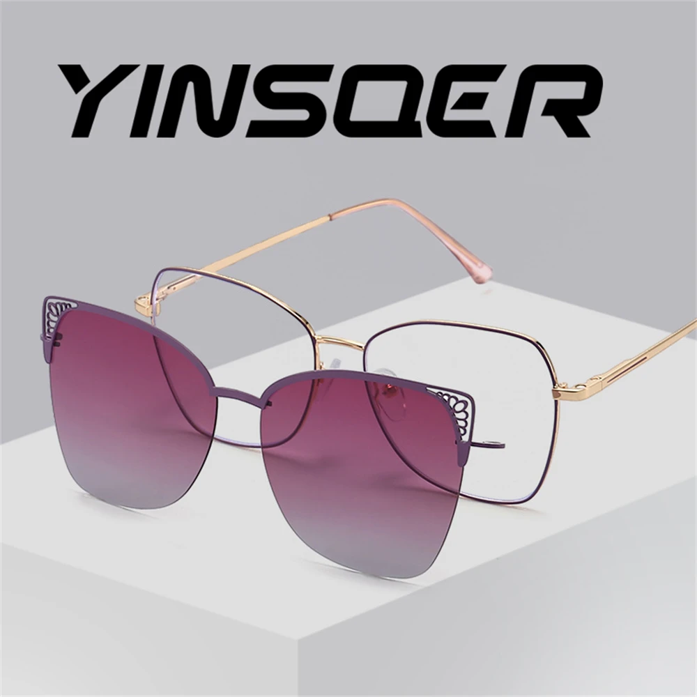 YINSQER Women Magnetic Sunglasses Clip Magnet Clip On Sun Glasses Fashion Square Eyewear Frame With Prescription