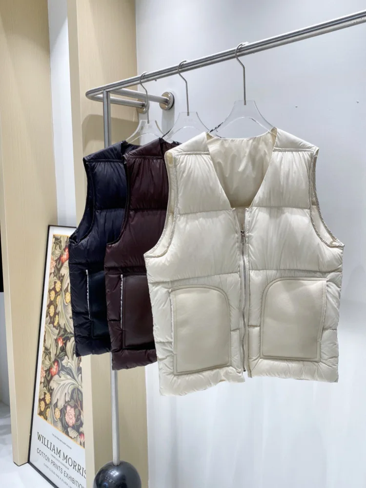 

Осень-зима, кожаный пуховый жилет с v-образным вырезом, женский однотонный теплый жилет на белом утином пуху, женский жилет на молнии с карманами из искусственной кожи, верхняя одежда