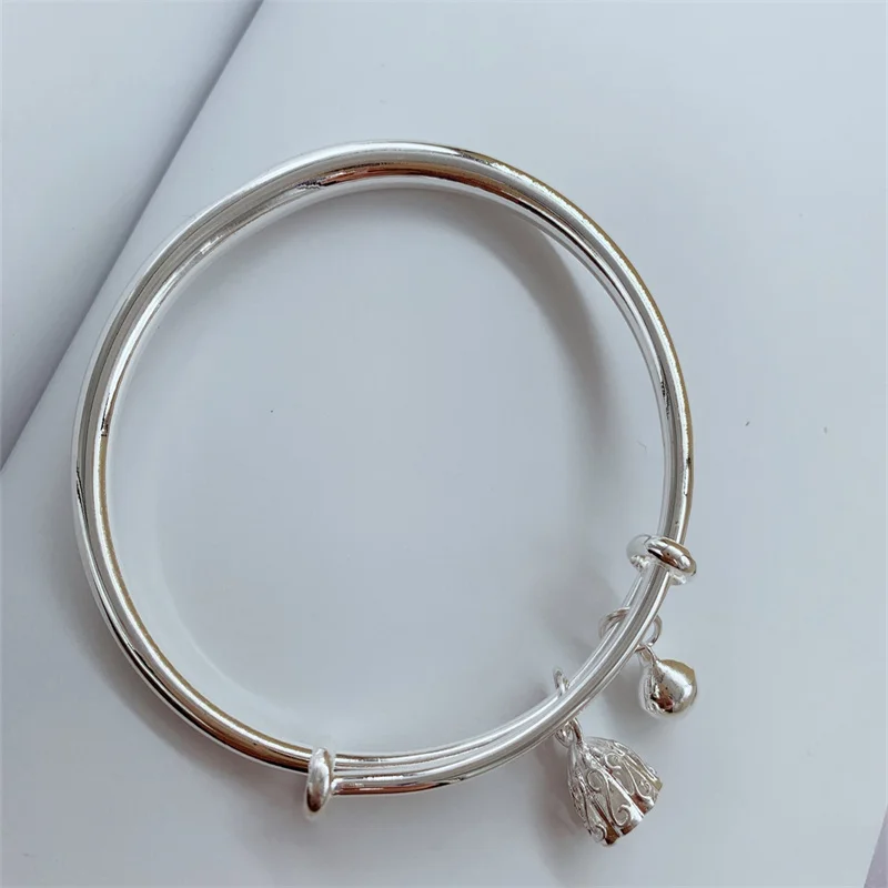 Trendy Sweet Style S999 Silver Telescopic Bangle Embossed Lotus Pod & Small Bell Charms Birthday Valentine Gift For Her