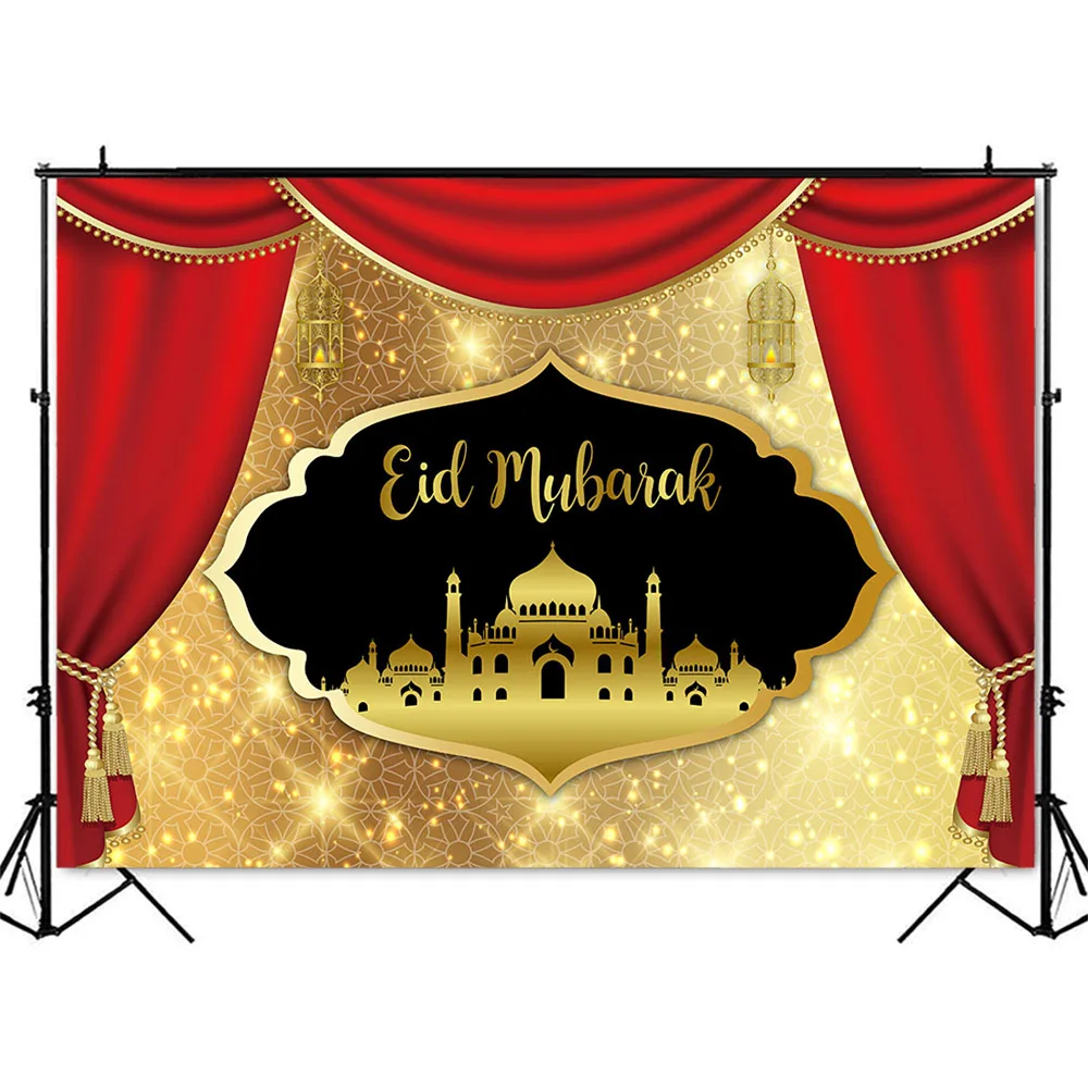 Gold Glitter Birthday Backdrop Eid Mubarak Backdrop Red Curtain Adult Women Birthday Photo Background Ramadan Kareem Decoration