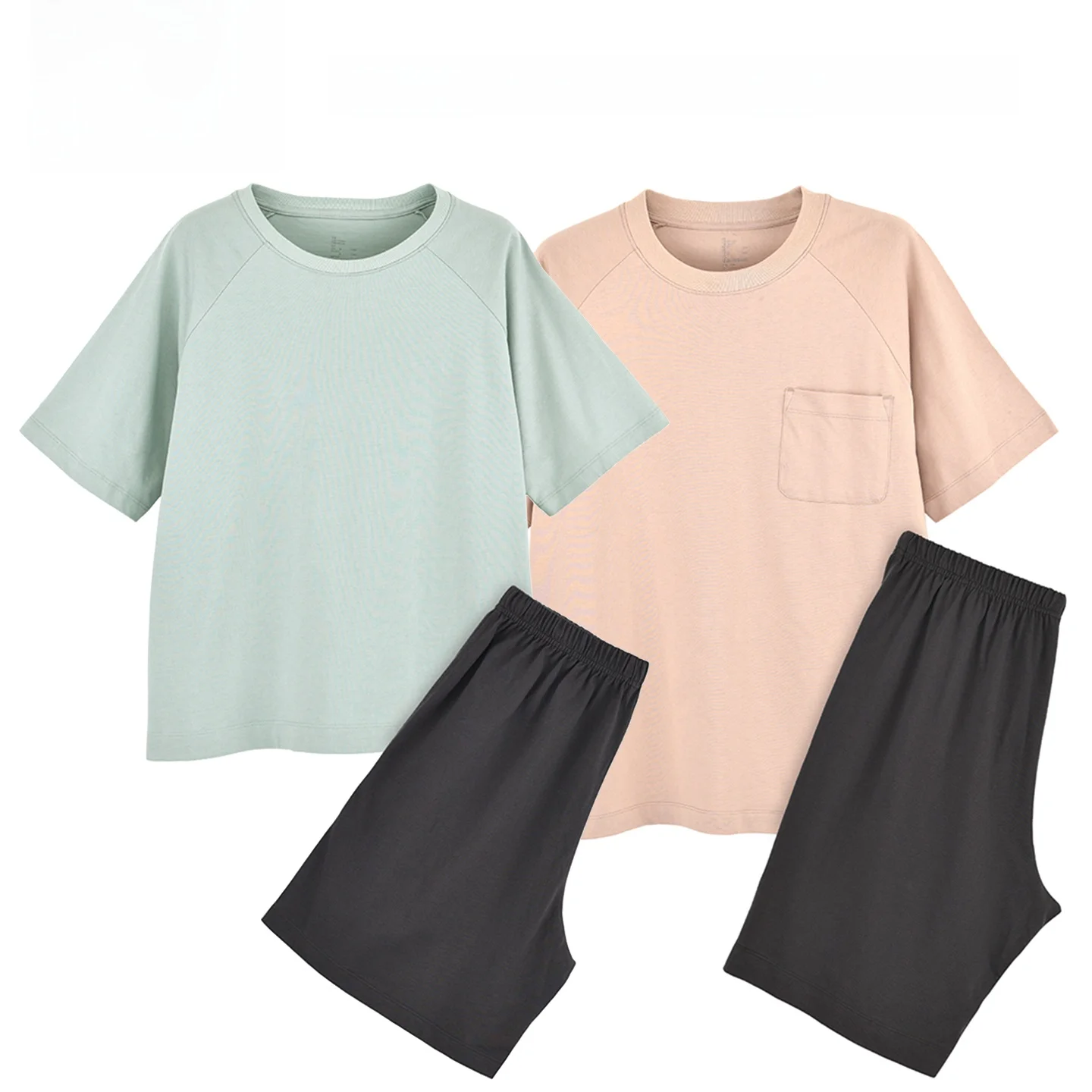 夏用薄綿糸織りナイトガウン半袖ショーツホーム服セット男性と女性用ルーズフィット通気性快適