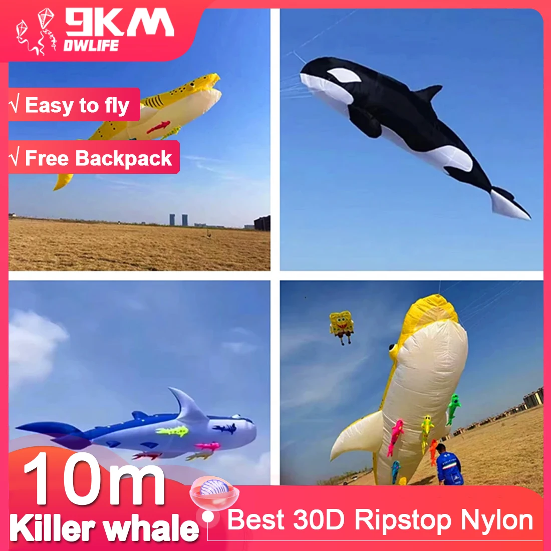 

9KM 12m Killer Whale Kite Line Laundry Pendant Soft Inflatable Show Kite for Kite Festival 30D Ripstop Nylon Fabric