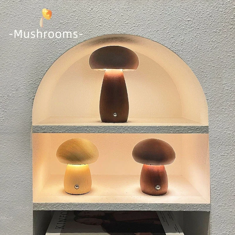 Wooden Mushroom Table Lamp INS Portable Dimming LED Touch Bedside Mushroom Night Light for Bedroom Decor