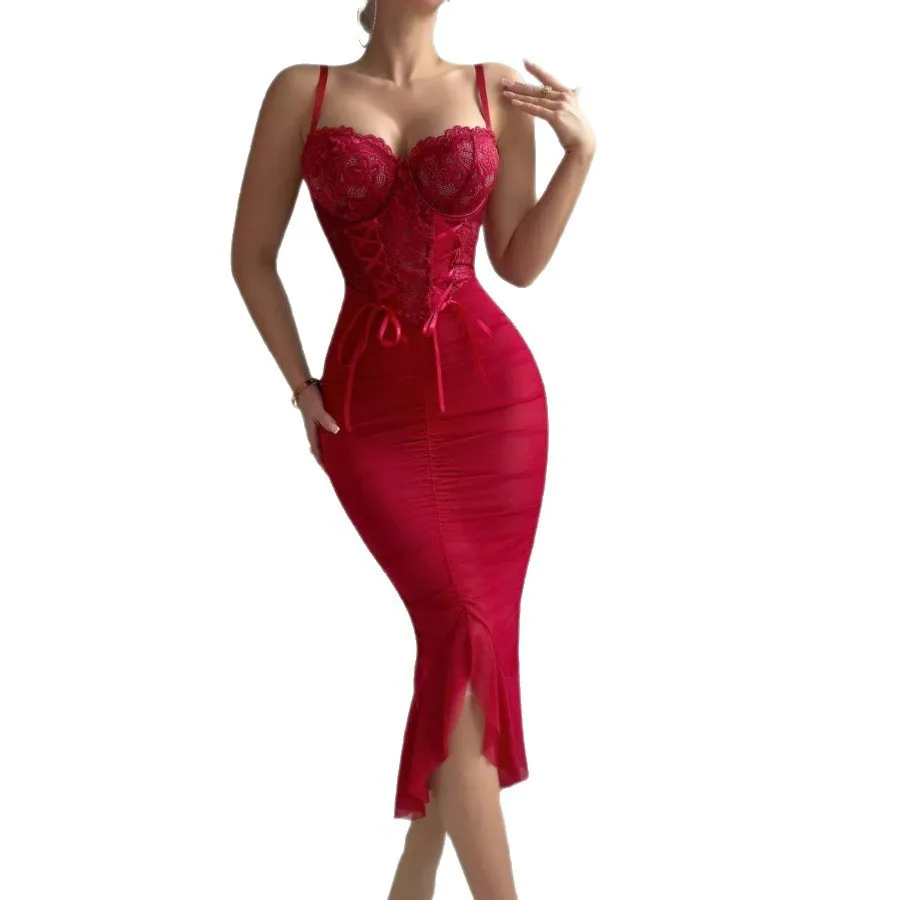 

Sexy Lingerie Long Lightweight And Breathable Lace See-through Seductive Mesh Dress Two-piece Erotic Sleepwear Set TVQI