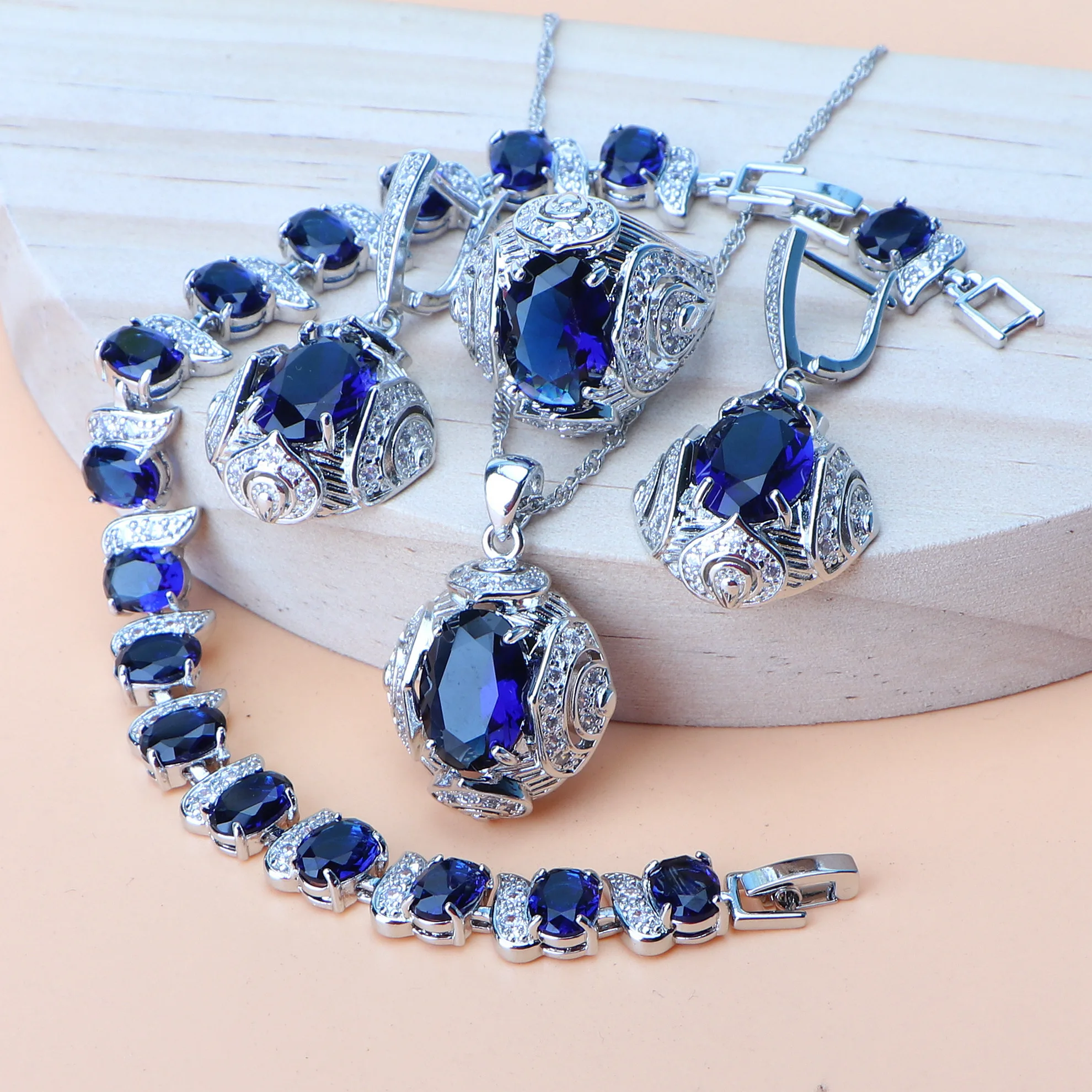 Blue Zircon 925 Silver Jewelry Sets Ladies Bridal Earrings Stone Bracelets Wedding Jewelry For Women Rings Pendant Necklace Set