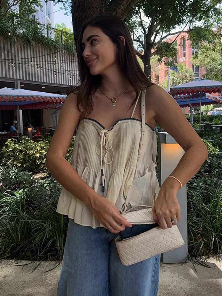 

Women Casual Sleeveless Off Shoulder Lace Up Pleated Top Fashion Contrasting Sling Tops Lady Daily Chic Highstreet Blouse