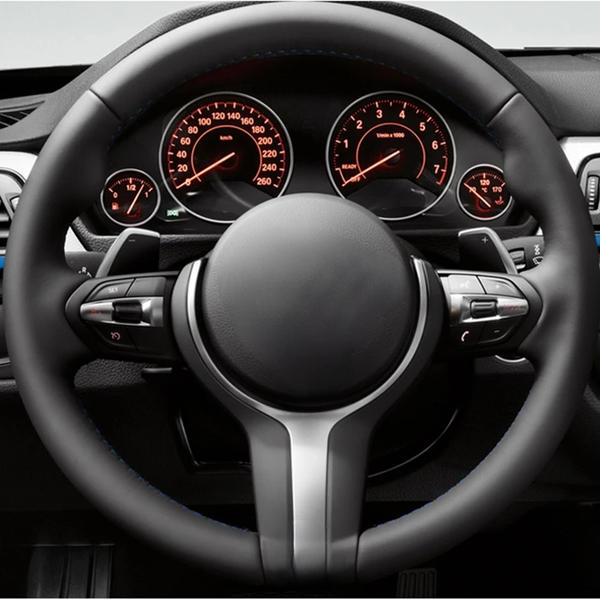 Black leather Blue Marker Car Steering Wheel Cover for BMW F33 F30 M2 M3 F82 M4 M5 F12 F13 M6 F85 X5 X6 F87 F80 M Sport