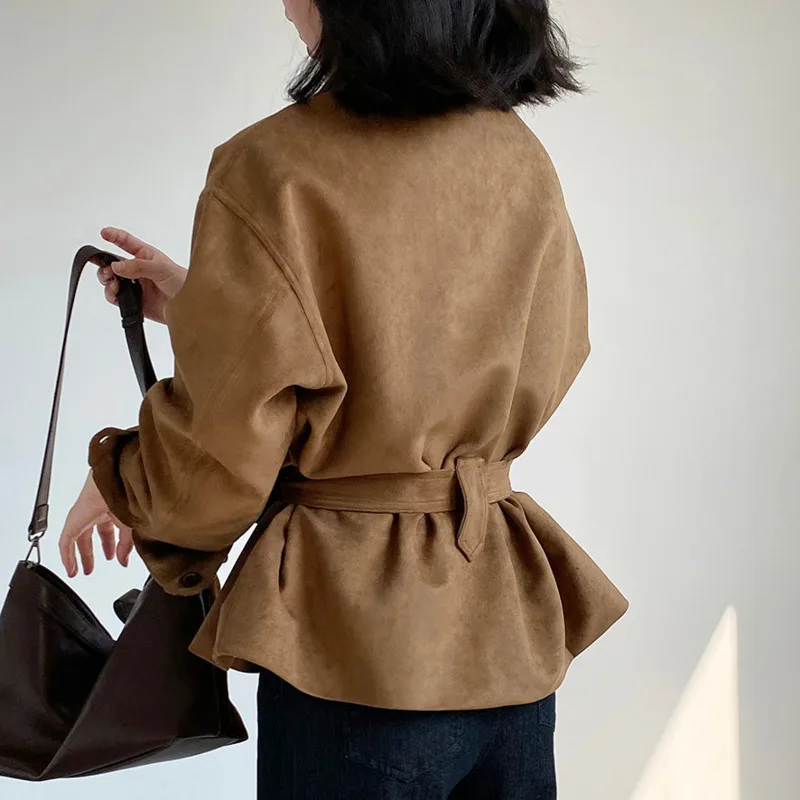 HKSH Frühling Herbst Neue frauen Verdicken Jacke Faux Wildleder Gürtel drehen-unten Kragen Einreiher Vielseitig Retro Chic mantel HK14759