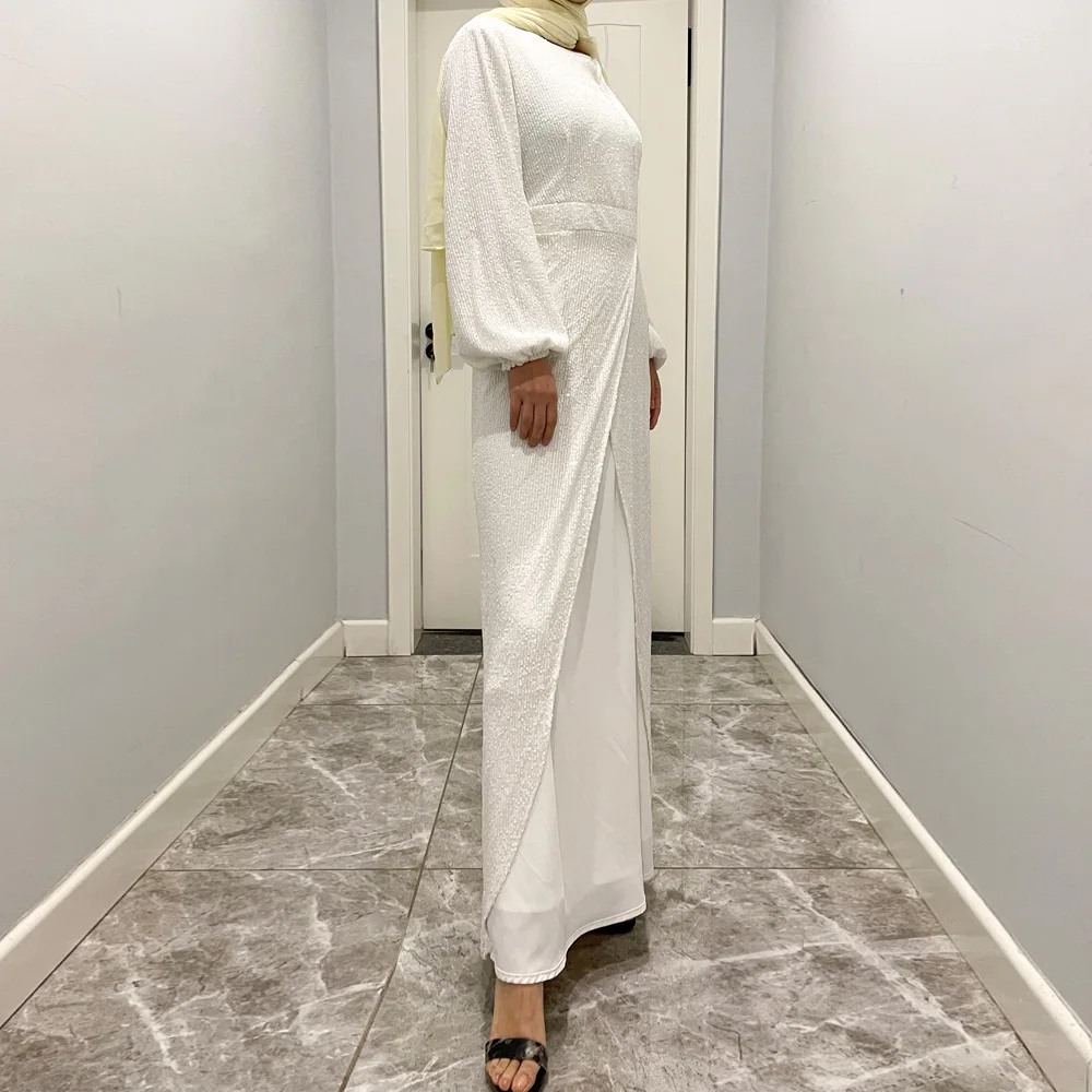 2023 New Sequin Waist Evening Robe Elegant Long-Sleeved Strapped Cuff A-line Dress For Women Autumn Solid Slim Banquet Clothing