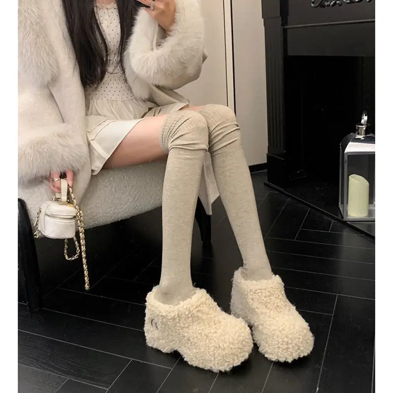 Fashion Slippers Woman Winter Thick Sole 7CM Lamb Wool Warm Indoor Half-drag Girl's Slippers Temperament Street Y2K Snow Boots