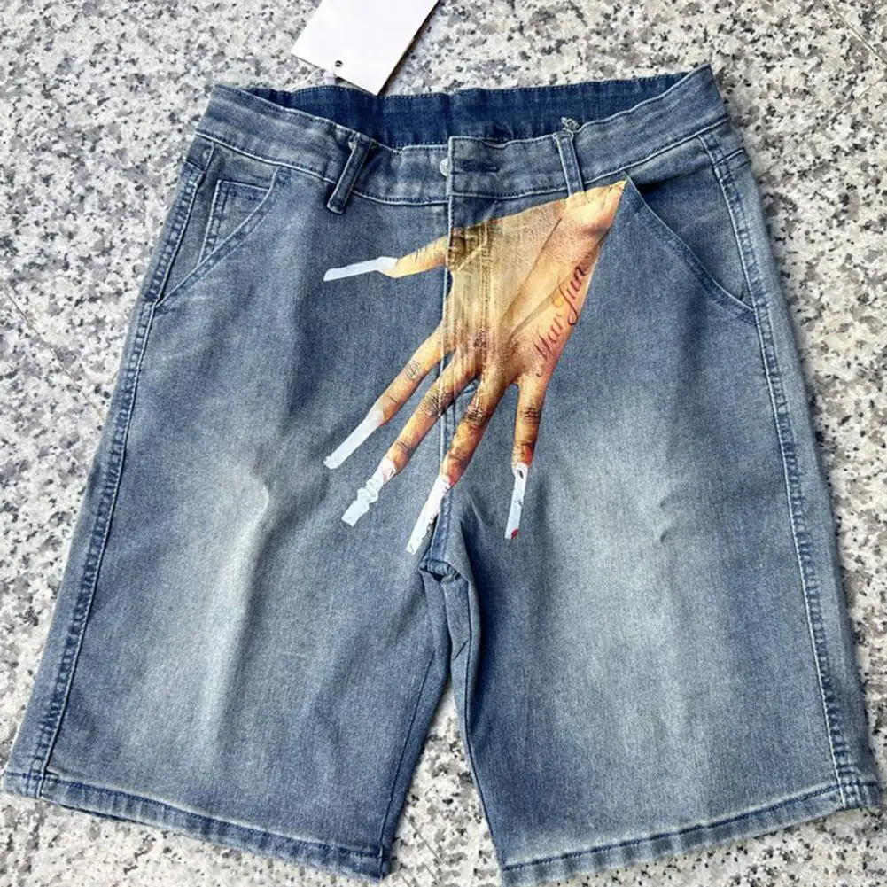 Strong Fabric Shorts for Men Trendy Men's Denim Shorts with Hand Printed Designs Button Zipper Fly Pockets Hip Hop for High