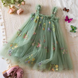 Summer New Sweet Girls' Little Sling Dress Children's Bow Floral Embroidery Mesh Tutu Princess Dress Baby Girl Dress for 1-5Yrs