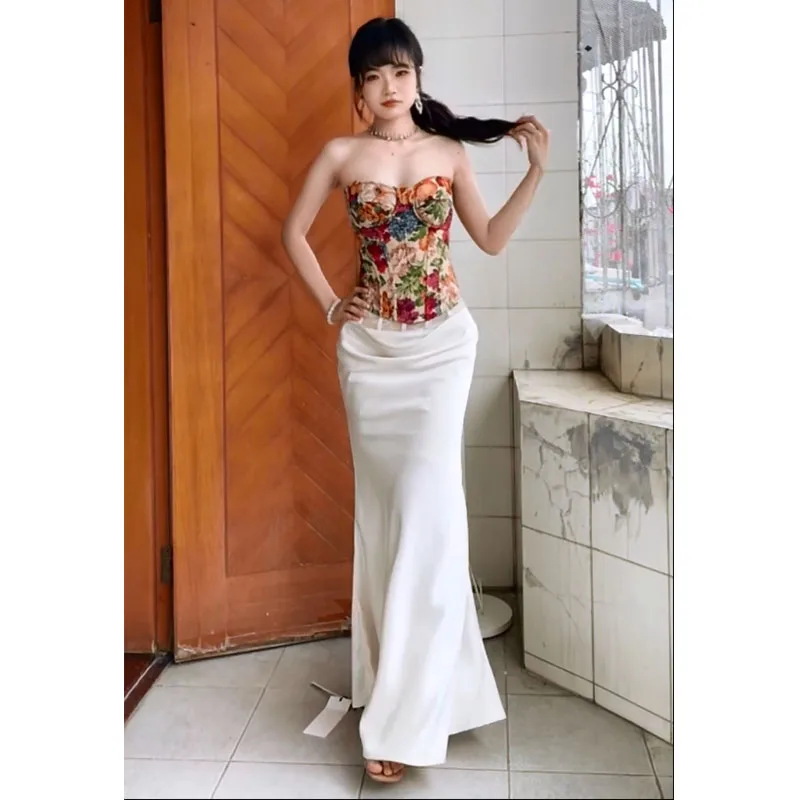 Женский топ-бандо с принтом Spicy Girl Fibone для похудения, летняя повседневная атласная юбка с высокой талией, модная из двух предметов